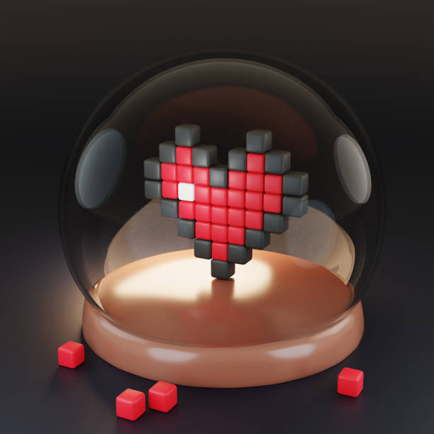 Happy Valentine's Day Banner Greeting Card Pixel Heart Shape. 3d render.
