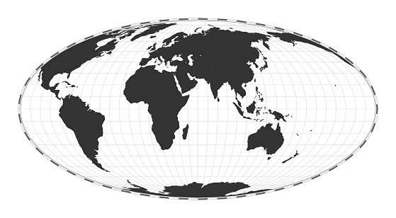 Vector world map. Equal-area, pseudocylindrical Mollweide projection. Plain world geographical map with latitude and longitude lines. Centered to 60deg W longitude. Vector illustration.
