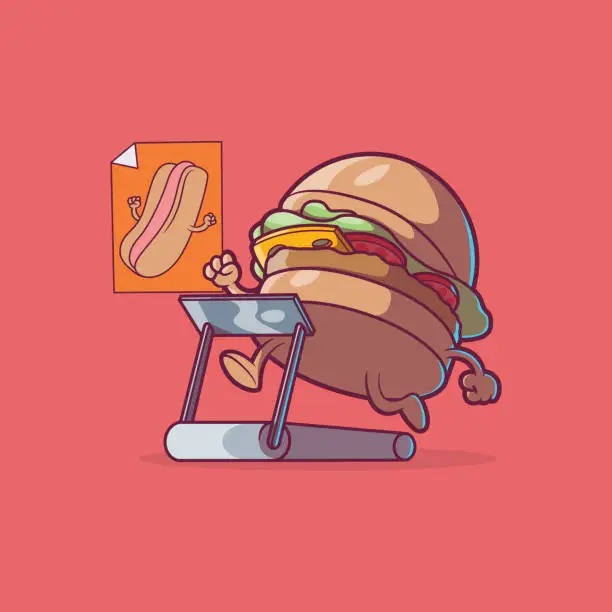 Vector illustration of Burger running on a treadmill looking at a poster vector illustration.