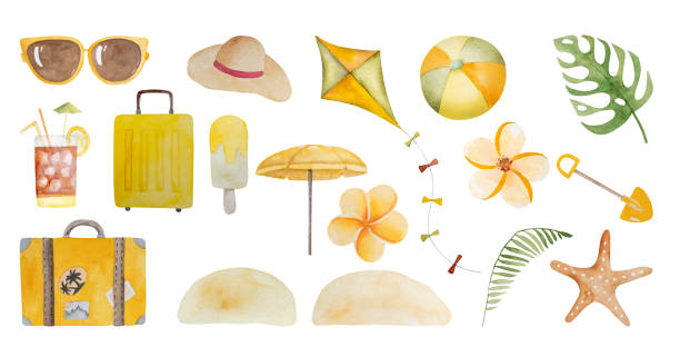 istock Hand-Painted Watercolor Set Of Images Includes Suitcase, Hat, Ice Cream, Tropical Plants, Etc 1935010444