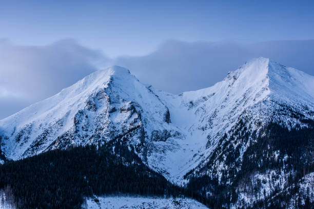 Snowcapped High Tatra Mountains peaks at winter sunrise