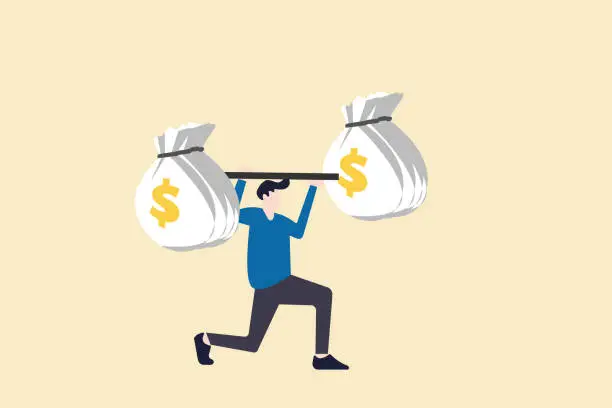 Vector illustration of Businessman Lifting Up Barbell with Dollar bags. concept economic and financial conditions, grow the business, profit, challenges and success