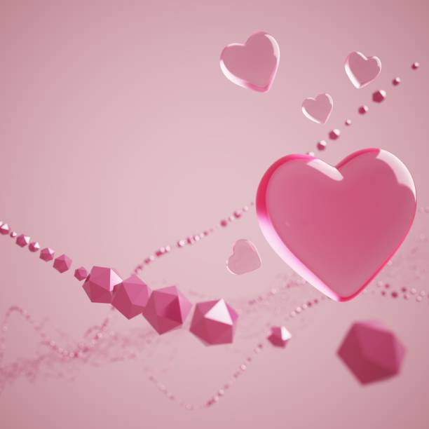 Abstract background made of glowing light trails forming a heart shape in the center with lots of small red hearts.