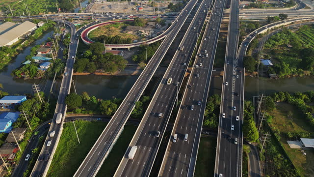 Aerial View of Highway Interchange. Cars on a overpass.