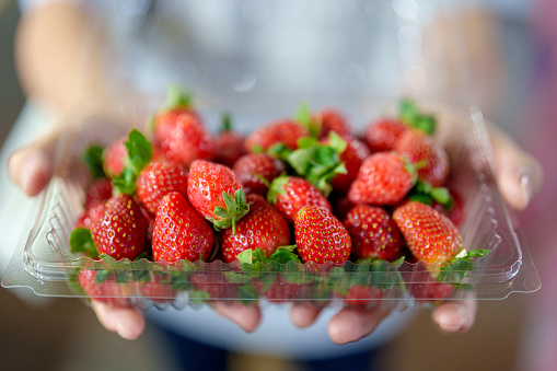 Midsection of a woman's hands holding a box of strawberries. Bon appétit!