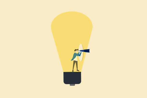 businessman with telescope in lightbulb. concept of search for business target or goal, opportunity, mission to achieve, discover purpose or find strategy to reach goal. - magnifying glass scrutiny challenge exploration stock illustrations