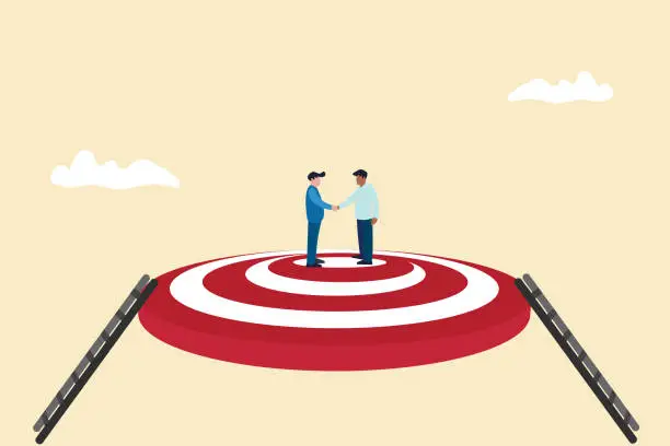 Vector illustration of success businessmen finish deal and handshake on target. concept of Collaborate, cooperate or partnership and agreement to help business success, together or teamwork.