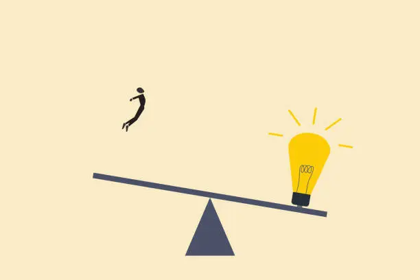 Vector illustration of Businessman jump on seesaw with lightbulb. concept of idea, process, inspiration, invention and brainstorming