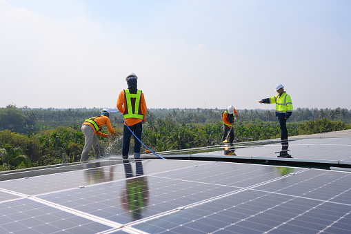 A power engineer should supervise the cleaning of outdoor solar panels. Installing solar cells on the roof Solar panels on the roof