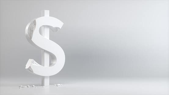 White Broken Dollar Sign on a Gray Studio Background. Business Concept. Perspective View. 3D Rendering.