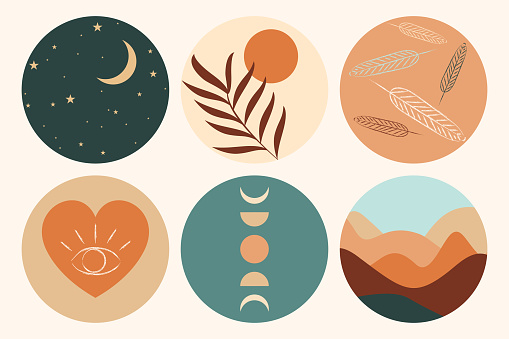 Set of inspiration boho elements. Stars, crescent, sun, leaf, feathers, heart shaped, moon phases, landscape.