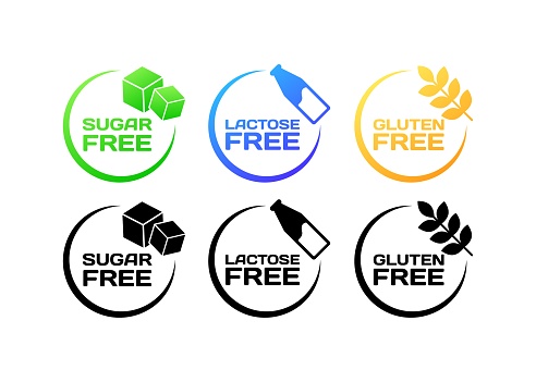 Sugar, Lactose, Gluten free icons. Flat, color, icons of sugar cubes, milk bottles, wheat, free icons. Vector icons