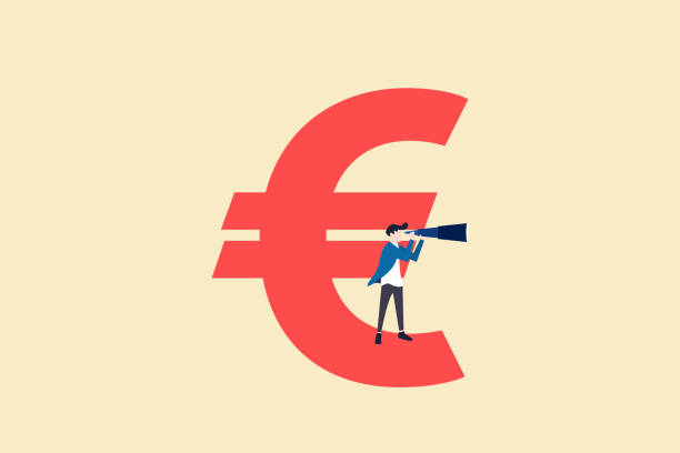 businessman standing on euro currency sign using telescope. concept of forecast investment and stock market - european community backgrounds european union currency wealth点のイラスト素材／クリップアート素材／マンガ素材／アイコン素材