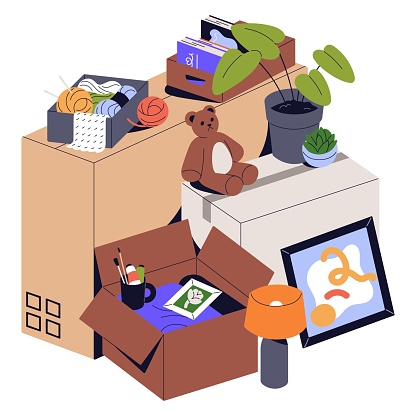Stack of open cardboard boxes with lots objects, clothes, drawing supplies. Kids toy, stuff in package for relocation. Various properties packed for moving. Flat isolated vector illustrations on white.