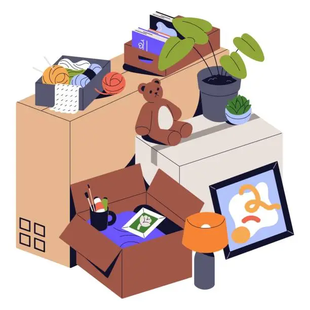 Vector illustration of Stack of open cardboard boxes with lots objects, clothes, drawing supplies. Kids toy, stuff in package for relocation. Various properties packed for moving. Flat isolated vector illustrations on white