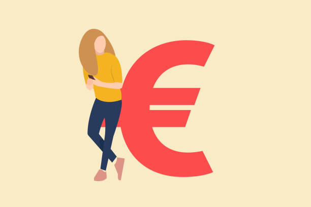 business woman standing beside euro currency sign. europe financial visionary, concept of forecast investment and stock market. - european community backgrounds european union currency wealth点のイラスト�素材／クリップアート素材／マンガ素材／アイコン素材