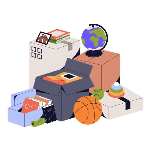 Vector illustration of Stack of open cardboard packages. Kids objects, clothes, stuff in boxes for relocation. Property, belongings, school supplies, balls packed for moving. Flat isolated vector illustrations on white