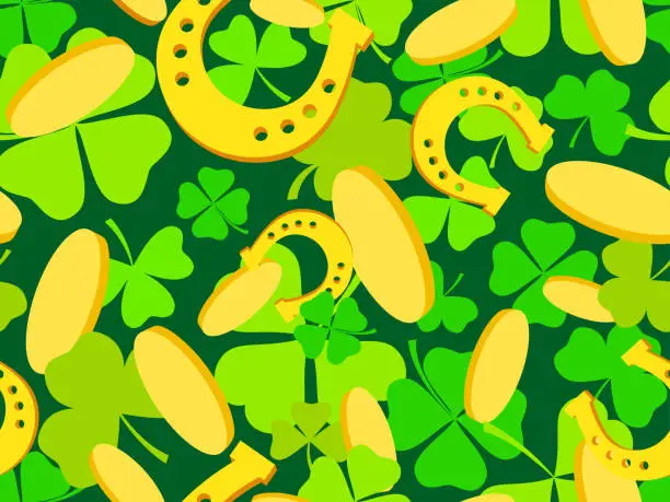 Vector illustration of Seamless pattern with gold coins, horseshoes and green clover leaves for St. Patrick's Day. Irish holiday symbols, horseshoe for good luck. Design for wallpaper, banner and cover. Vector illustration