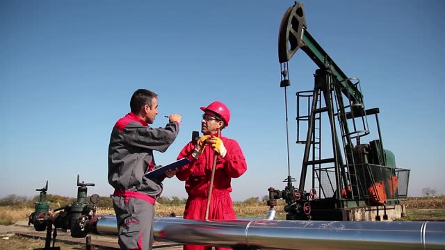 Two Oil Workers Discussing About Job Next to Oil Well Pumpjack