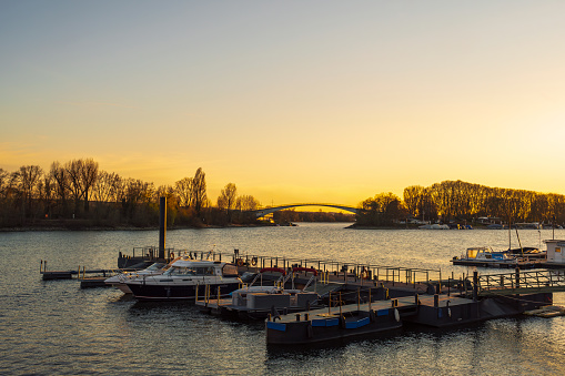 Evening atmosphere in the harbor of Schierstein/Germany in spring