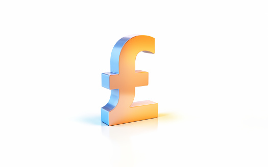 3d render Pound Sign with Metallic Blue and Yellow Reflections, Object + Shadow Clipping Path, Can Be Used For Concepts Such As Business And Finance, Investment, Economy, Earnings.