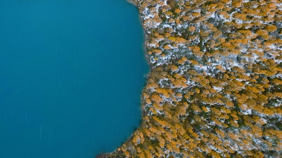 碧藍湖水，深黃樹木，白白雪山