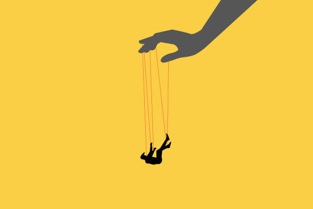 hand controlling falling businessman. concept of bad habit, corruption, and right. - diktator ilustrasi stok