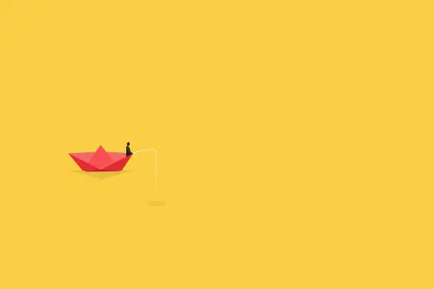 Vector illustration of Fisherman in boat. catching fish while standing on boat of lake