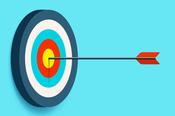 Target icon in flat style on color background. Bullseye business concept. Arrow in the center aim, fragment. Vector design element for you projects Target icon in flat style on color background. Bullseye business concept. Arrow in the center aim, fragment. Vector design element for you projects archery target group of objects target sport stock illustrations