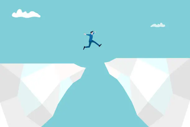 Vector illustration of businessman jump through the gap. Concept of success, motivation, goal, professional growth.