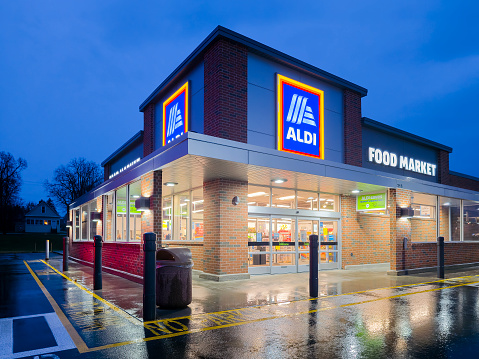 Yorkville, New York - Nov 17, 2023: Close-up Night View of Aldi Market which Stands for Albrecht Discount. ALDI is a Global Discount Supermarket Chain that Originated in Germany.