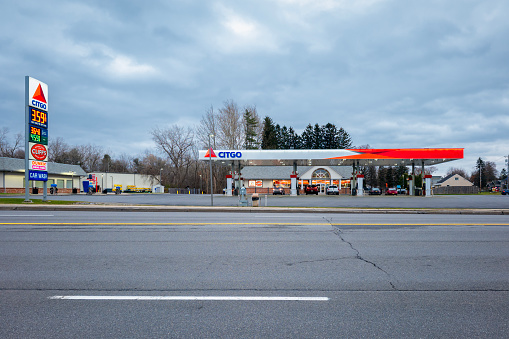 New York Mills, New York - Nov 23, 2023: Citgo Gas Station Exterior, CITGO is an American oil refining and marketing co., is a subsidiary of PDVSA, the Venezuelan state-owned oil co.