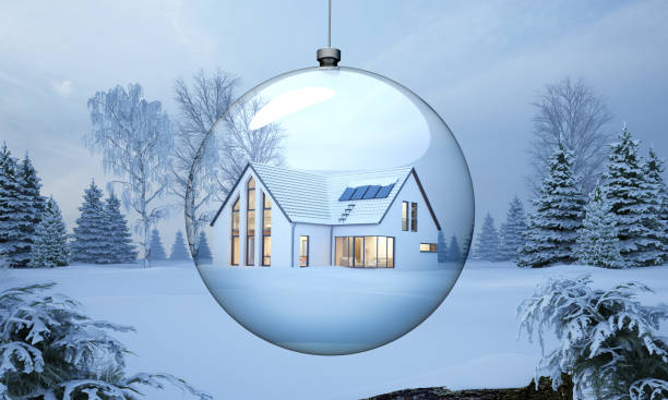 3d rendering of a glass ball with modern house in winter
