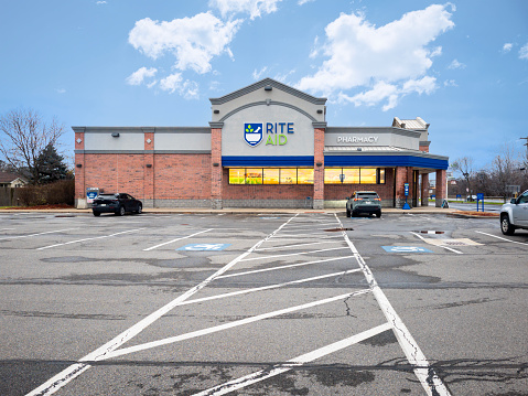 New Hartford, New York - Nov 23, 2023: Rite Aid Pharmacy storefront, is a well-known American pharmacy chain that provides a range of health and wellness products with over 2500 locations nationwide.