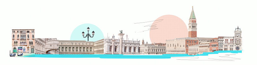 Contemporary artwork. Creative design in retro style. Color image if beautiful buildings in Venice. Vintage town. Concept of creativity, surrealism, imagination, futuristic landscape. Poster