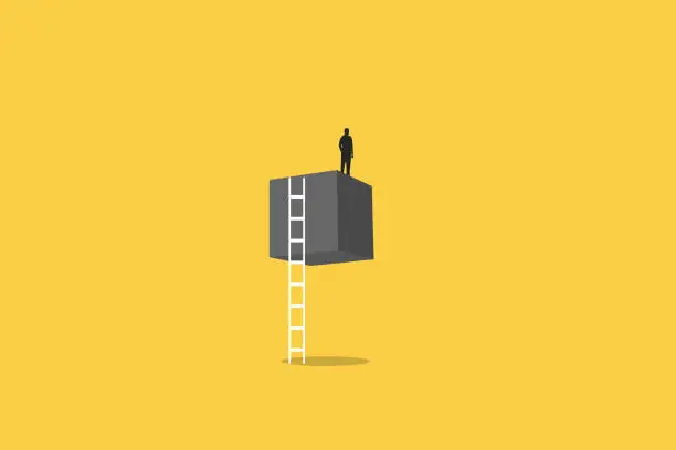 Vector illustration of businessman on the top of cube observing the future. Symbol of future, strategy, planning, opportunity.