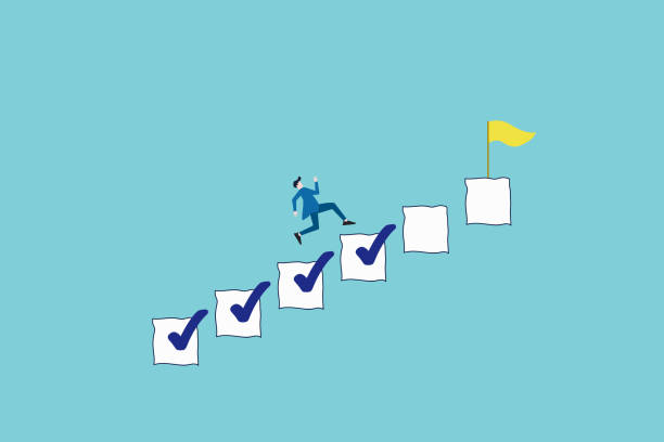 istock businessman step on checklist to progress to target. Progression from start to success, development or improvement, challenge to progress and win competition, tasks completion to finish project, 1935214818