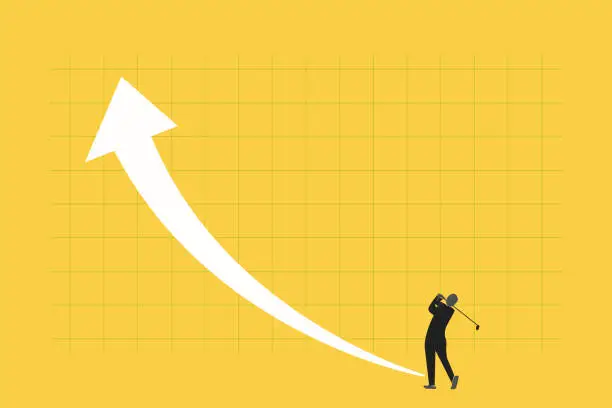 Vector illustration of businessman playing golf with arrow up as symbol of achievement and success. Business growth and improvement, target high profit, stock market and success