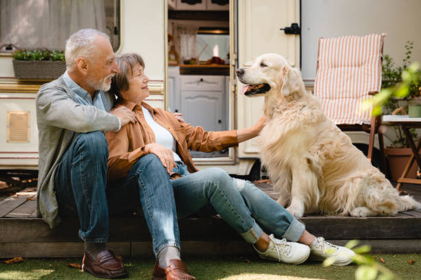 heureux vieux époux caucasiens âgés voyageant avec leur chien - motor home mobile home camping senior adult photos et images de collection