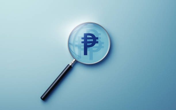 istock Peso Sign Icon selected with metallic magnifying glass on soft blue background 1935219101