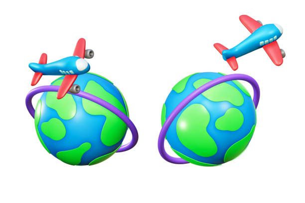 3D rendering of airplane and world sphere on white background, Illustration for business travel, Time to travel around the world