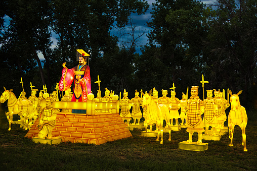 Denver Colorado, “Bright Nights Festival” at Four Mile Historic Park.  8/11/2023.   Traditional Chinese paper lantern sculptures lighting up the park.