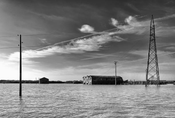 Pila (Ro),delta del fiume Po, some ruins of old buildings in the Bag of Basson and the power plant of Island Camerini