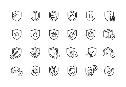 Set of shield line vector icons. Editable stroke.