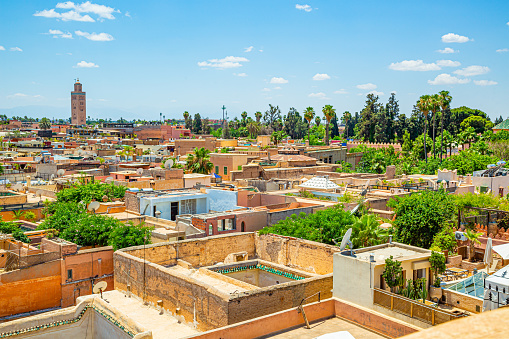 Marrakech,Morocco 19 May 2023:View of the Medina from the Secret Gardens tower