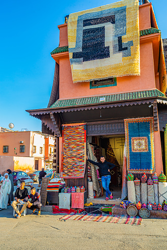 Marrakech,Morocco 19 May 2023:Carpet seller shop