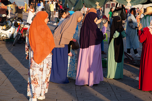 Marrakech,Morocco 19 May 2023:Group of Moroccan women group of Moroccan women take a selfie in Jemaa el Fna square
