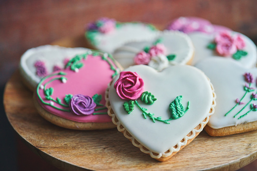 Heart Shaped Cookies with Decorated with Icing for Valentine`s Day