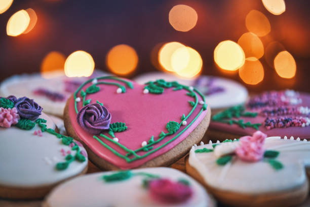Heart Shaped Cookies with Decorated with Icing for Valentine`s Day