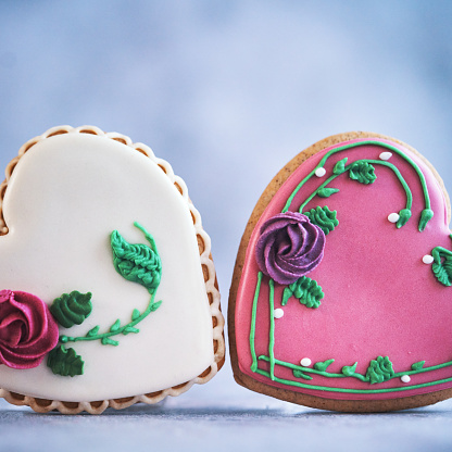 Heart Shaped Cookies with Decorated with Icing for Valentine`s Day